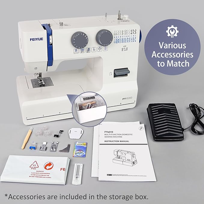 FEIYUE FYe310 Full Size Sewing Machine with Foot Pedal, Powerful Servo Motor, 25 Built-in Stitches, Heavy Duty & Portable, 6 Bobbins & 5 Included Sewing Feet (Gray)