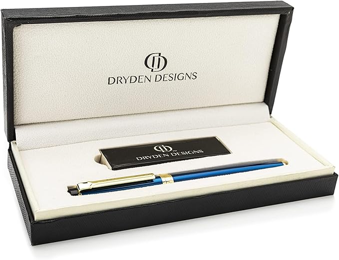 Dryden Designs Fountain Pen. Medium Nib Premium Box | 6 Ink Cartridges Included (Mysterious Blue)