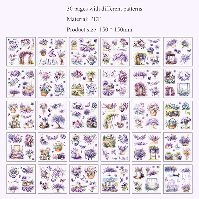 MAFELOE 30 Pages PET Scrapbook Stickers of Creative Flowers Theme, Aesthetic Deco Journaling Supplies for Junk Bullet Diary Album Calendars-Purple (Y3-P-WSSL)