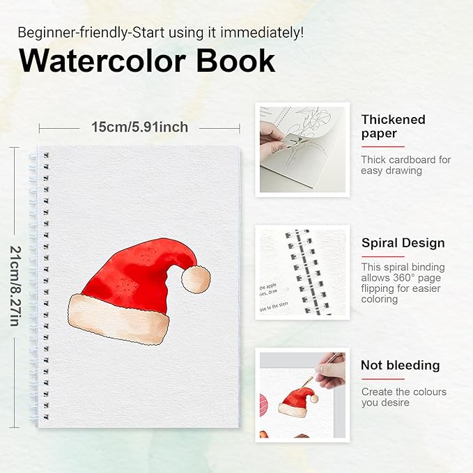 Watercolor Workbook for Beginners with Step-by-Step - 12 Watercolor Coloring Pages - 100% Cotton 300gsm/140lb Watercolor Paper - Gift for Women,Adults, Teens (Christmas)