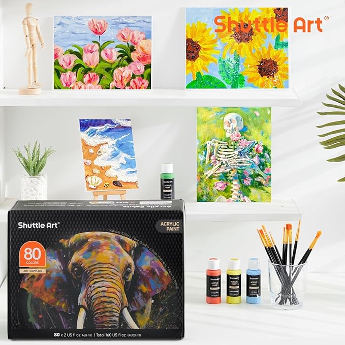 Shuttle Art 80 Colors Acrylic Paint, Acrylic Paint set with 12 Paint Brushes, 2oz/60ml Bottles, Rich Pigmented, Premium Paints for Artists, Beginners and Kids on Canvas Rocks Wood Ceramic