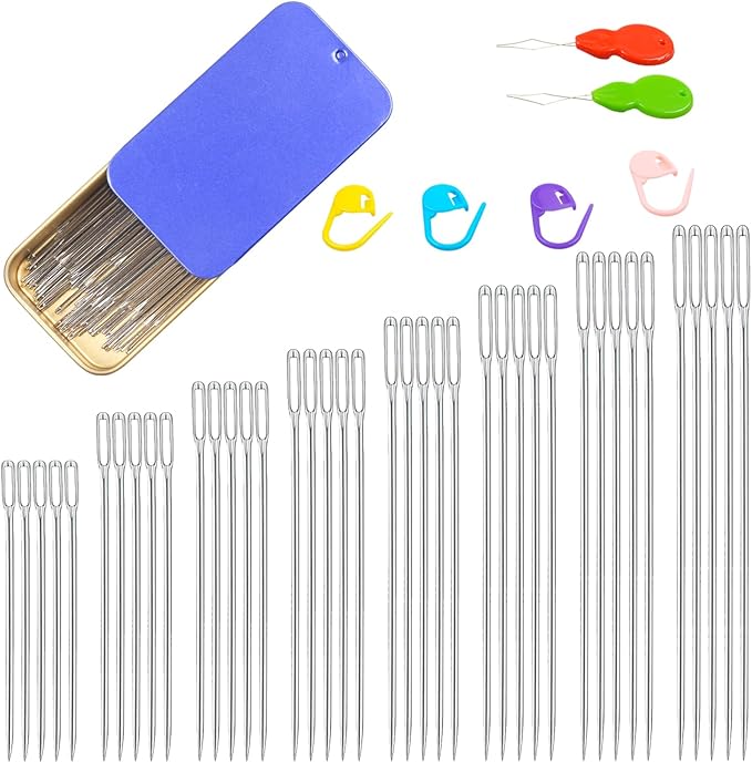 40PCS Large Eye Sewing Needles - 8 Sizes Hand Sewing Sharp, Embroidery, Leather, Stainless Steel Yarn With Threaders & Stitch Markers (Blue)