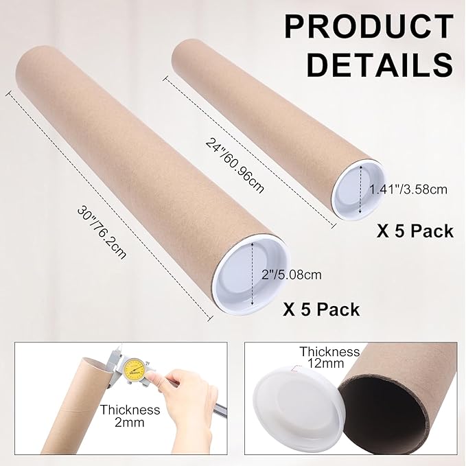 Mailing Tubes with Caps, 5 Pack 2x30-Inch + 5 Pack 1.5x24-Inch Kraft Paper Poster Tube for Shipping, Packing, Bulk Round Packaging, Cardboard Mailers, Art Prints, Maps, Blueprint