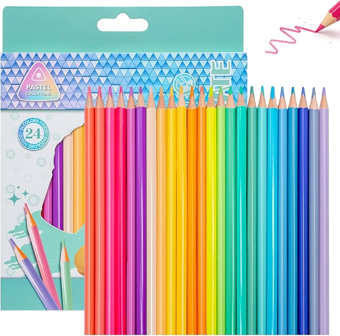 24 Colored Pencils Set – Soft Core, Pre-Sharpened, Break-Resistant – Ideal for Coloring Books, Drawing, Sketching, School Art Supplies (Pastel Colors)
