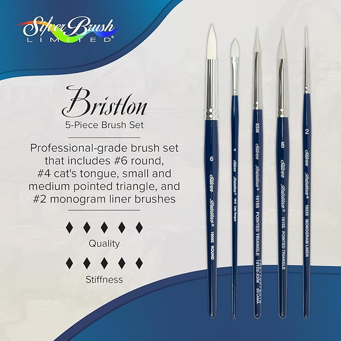 Silver Brush Limited BR-1956S Bristlon Variety Set, 5pc Premium Short Handle Brushes with Stiff White Synthetic Tips, Round, Cats Tongue, Pointed Triangle, Monogram Liner for Acrylic, Oil, Watercolor