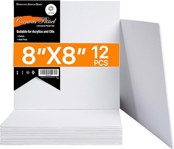 CONDA Canvas Board for Painting 8 x 8 inch, 12 Pack Canvas Panels, Primed White Blank Canvases for Painting, 100% Cotton Art Canvas for Acrylic Oil Watercolor Tempera Paints