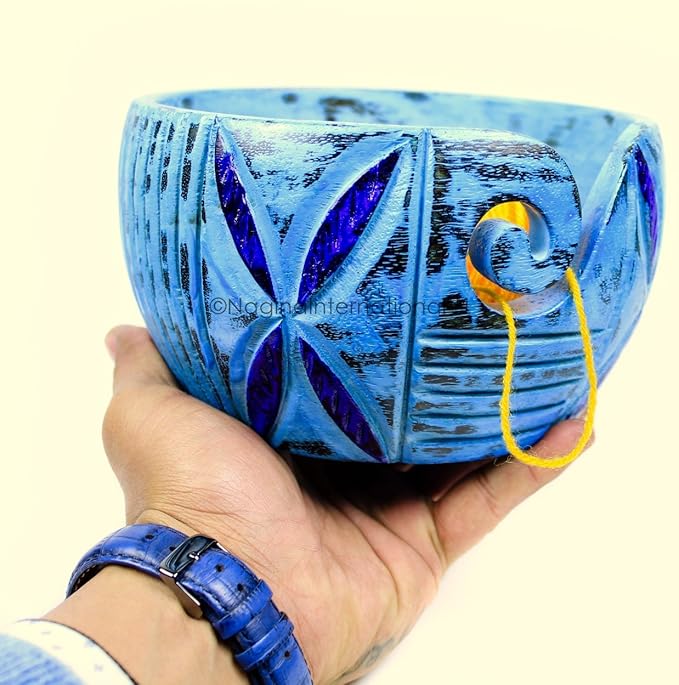 Exquisite Premium Yarn Ball Storage Bowls | Hand Painted Lovely Decor Yet Functional Yarn Dispenser (Large (7 x 4 x 7 Inches), Frozen Blue)