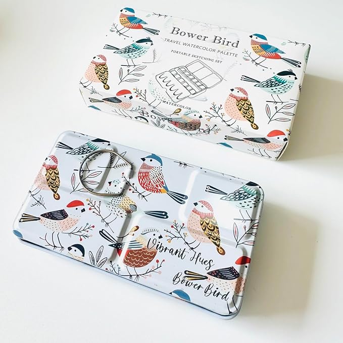 Bower Bird Travel Watercolor Palette,Portable Ceramic Palette,Empty Paint Palette,Small Travel Metal Paint Boxwith Porcelain Palette (18Well)
