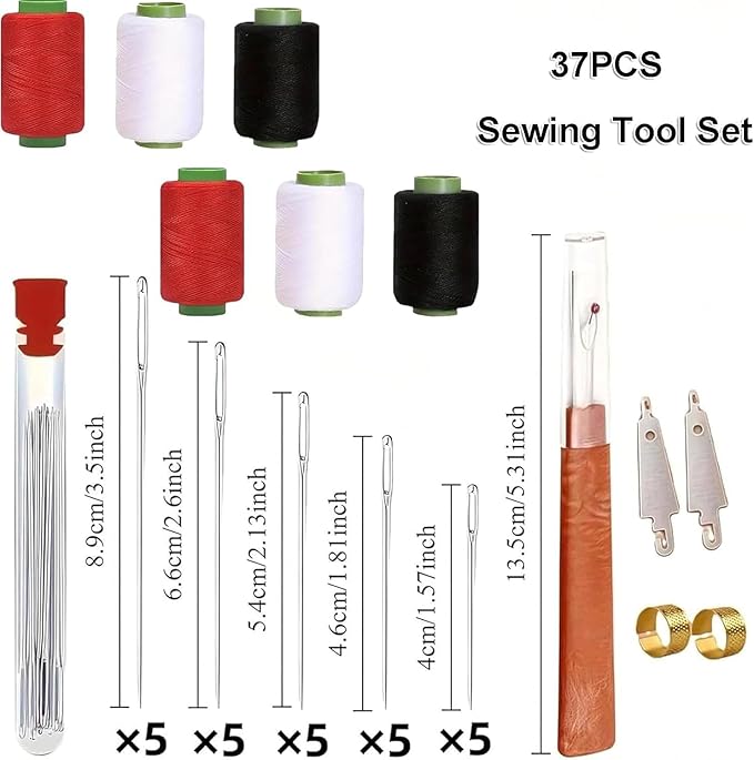 37PCS Hand Sewing Kit with Needle Threader & Thimble, Stainless Steel Big Eye Needles Set for DIY Crafts & Repairs, Portable Embroidery Sewing Tools with Threads & Seam Ripper