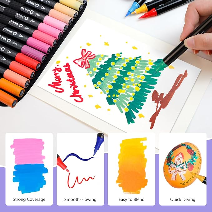 Artecho Acrylic Paint Markers 72 Colors with Bag, Acrylic Paint Pens with Brush Tip and Fine Tip for Stone, Rock Painting, Paper, Pumpkin, Wood, Egg, Canvas, Ceramic, Fabric, leather, Glass