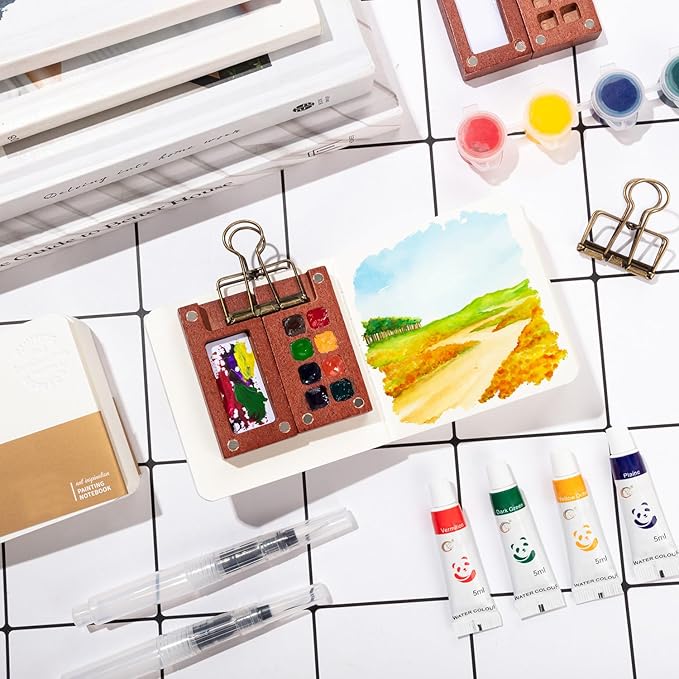 Mini Watercolor Travel Set, Mini Watercolor Paint Set with 2 Wooden 8-Grid Palette, 12 Colors Paint, 2 Sketch Books and 4 Brushes, Copper Clip and Sketchbook for Travel Painting
