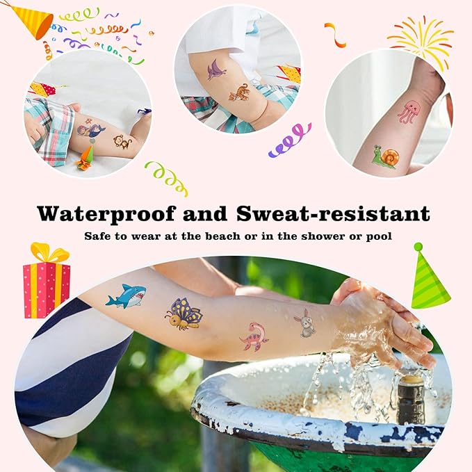 104 PCS Kids Temporary Tattoos for Party Supplies, Dinosaur Unicorns Mermaid Animal Temp Tattoo Stickers for Kids Girls Boys Birthday Party Favors Activities