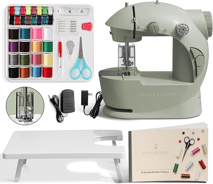 Hearth & Harbor Mini Sewing Machine for Beginners, Dual Speed Small Portable Sewing Machine for Kids and Adults with Extension Table, 48 Piece Gift Set Includes, Pedal, Projects Book and More, Green