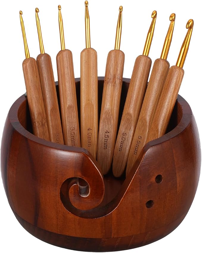 Wooden Yarn Bowl with 8Pcs Metal Crochet Hooks, Knitting Yarn Bowl with Holes Storage Handmade to Prevent Slipping, Perfect Yarn Holder Bowl for Crocheting and Knitting Mother's Day Gift 5" x 3"