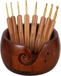 Wooden Yarn Bowl with 8Pcs Metal Crochet Hooks, Knitting Yarn Bowl with Holes Storage Handmade to Prevent Slipping, Perfect Yarn Holder Bowl for Crocheting and Knitting Mother's Day Gift 5" x 3"