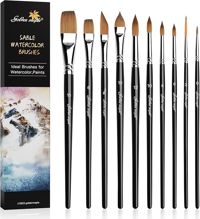 Watercolor Brushes Professional Set, 10 Artist Brushes Watercolor Paint Brushes, Golden Maple Sable Brush Paint Brushes-Round Tip, Flats, Dagger, Oval Wash for Detail Painting, Water Color, Gouache