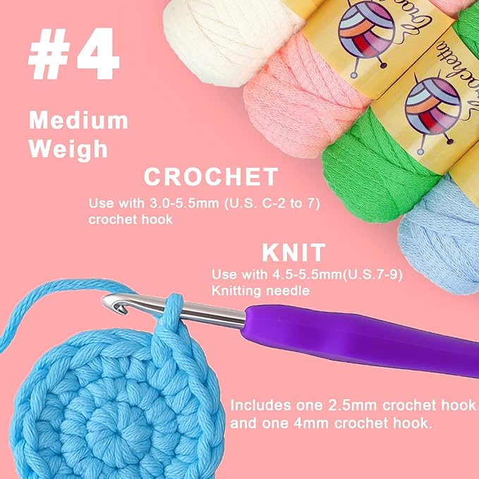 Crochetta Crochet Kit for Beginners Adults - Complete Starter Set with Crochet Hooks, Scissors, Stitch Markers + 12-Colored Yarn 22-25 Yards (10g) per Color
