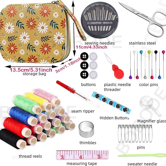 Sewing Project Kits Printing Mini Professional Sewing Kit Daisy Pattern Basic Travel Sewing Kit for Adults,Arts Craft DIY,Emergency, Home Beginners