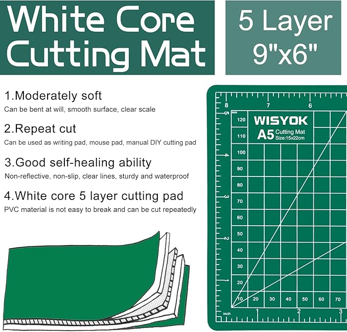 WISYOK 6" x 8" A5 Self-Healing Craft Mat, Small Rotary Cutting Mat for Sewing, Fabric, Ideal for DIY Crafts, Children, Hobbyists