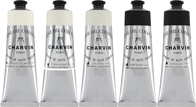 Charvin Fine Artists' Oil Paints - Elite Artists' Oils from The French Riviera for Painting, Classrooms, Plein Aire, & More! - [Blacks and Whites - 150 mL Set of 5]