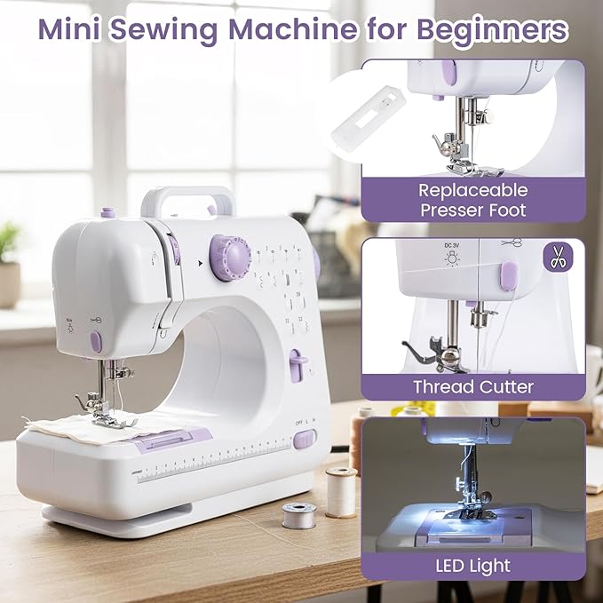COSTWAY Sewing Machine for Beginner, Portable Mini Electric Sewing Machine with 12 Built-in Stitches, Accessory Kit, LED Light, 2 Speeds & Foot Pedal, Storage Drawer, Ideal for Home DIY Projects