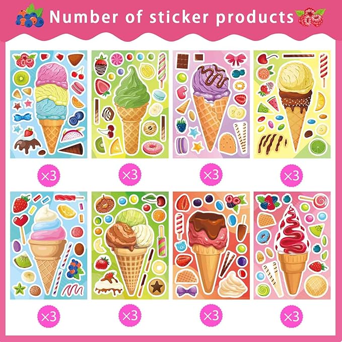 24 Sheets Ice Cream Stickers, Make Your Own Sticker for Toddlers Kids, Make a Face Stickers for Ice Cream Party Favor Supplies Craft