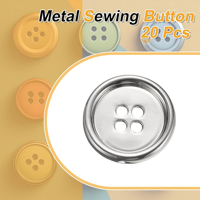 HARFINGTON 20pcs Metal Sewing Button, 20mm 4-Hole Round Suit Shirts Coats Clothes Sewing Buttons for Decoration Craft, Silver