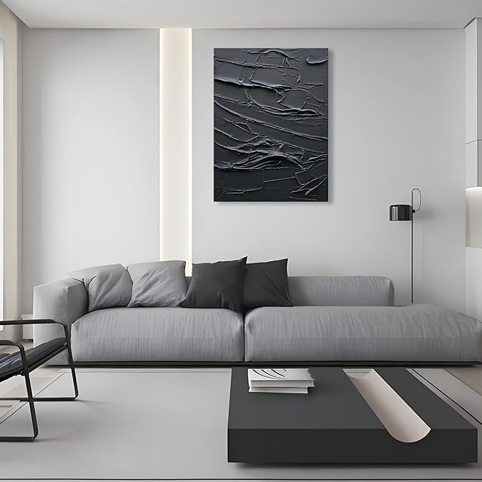 NANKAI Art Hand Painted Thick Texture Black Minimalist Vertical Wall Art 40x28 inches Black Oil Painting Contemporary Art Oil on Canvas