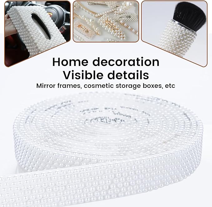 Novani Self Adhesive Pears Ribbon 1 Roll - 3 Yards White Pearls Crystal Diamond Bling Strips Glitter Resin Ribbon for Crafting,Home DIY Decoration（White Pearls,0.78 Inch,3Y）