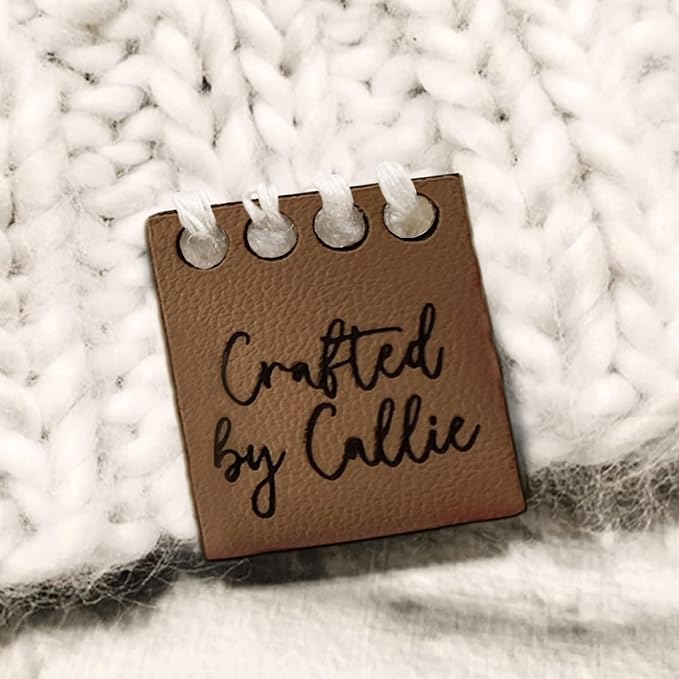 callie Personalized 10-100Pcs Handmade Leather Tags - Custom Text & 15 Pattern, Made with Love Labels for Crochet Items, Gifts for Knitting Sewing Crafting Lovers