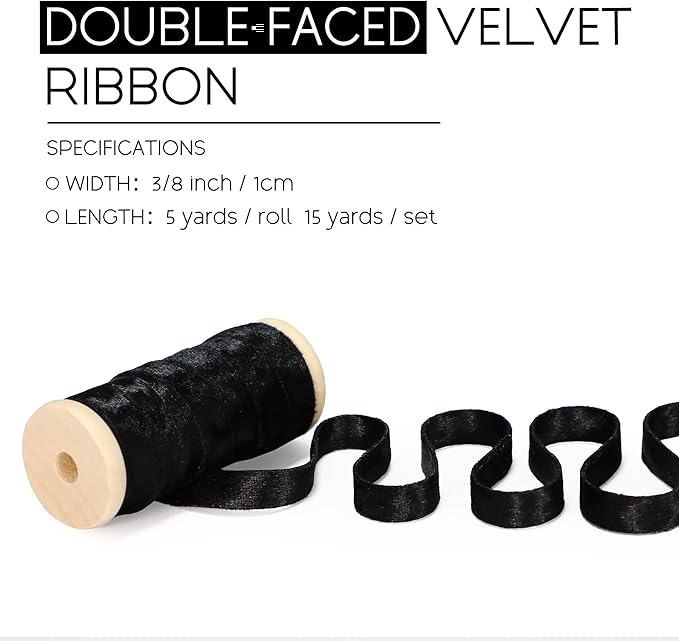 Black Velvet Ribbon Double-Sided Handmade Glossy Fabric Trim Wooden Spool Thin Ribbons for Christmas Tree Gift Wrapping Crafts Wedding Flower Bouquet 3/8 inch x 5YD 3 Rolls