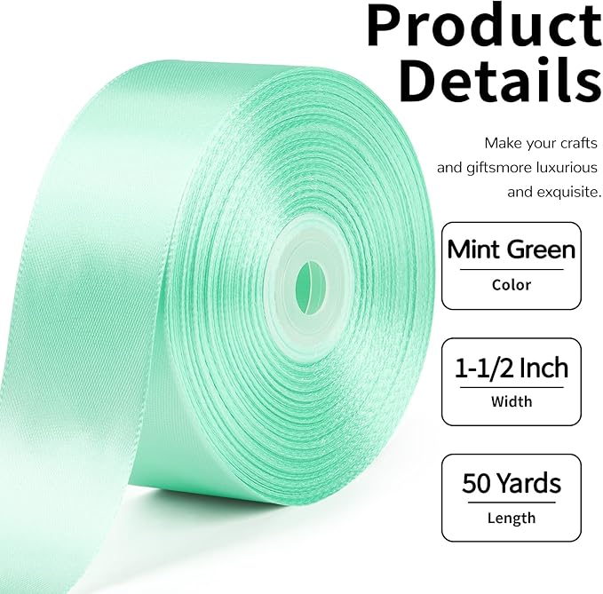 1-1/2 Inch Wide Mint Green Satin Ribbon, 50 Yards Solid Polyester Fabric Ribbon for Roses Making, Gift Wrapping, Valentine's Day, Wedding Decorations, Crafts, Bows, Flower Bouquets