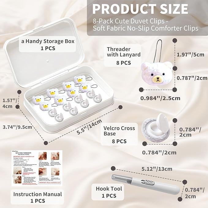 8 Pcs Duvet Clips with Pins Quilt Fixer,Non-Slip Duvet Cover Clips,Duvet Clips to Hold Comforter Inside,No Needles，Bear Pattern(Inc Hook Tool,Storage Box) (White)