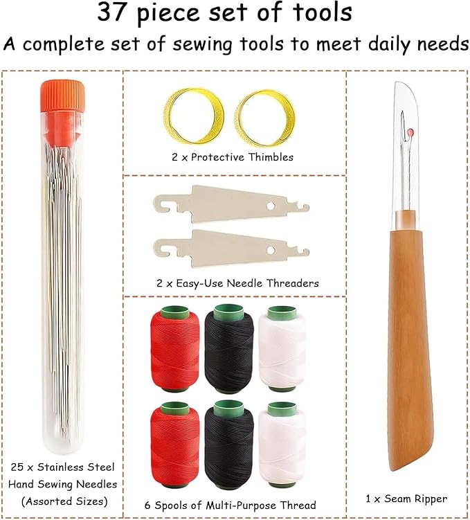 37PC Complete Sewing Kit - Big Eye Steel Sewing Needles Kit Stainless Steel Sewing Needle Kit Hosenwelt Sewing Kit Stainless Steel HandSewing Needles Premium Portable Sewing Supplies Set