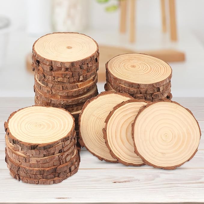 60 PCS 4.7-5.5 Inch Natural Wood Slices, Unfinished Pine Wood Circles with Barks for Coasters, DIY Crafts, Christmas Rustic Wedding Ornaments and Centerpieces,by GNIEMCKIN