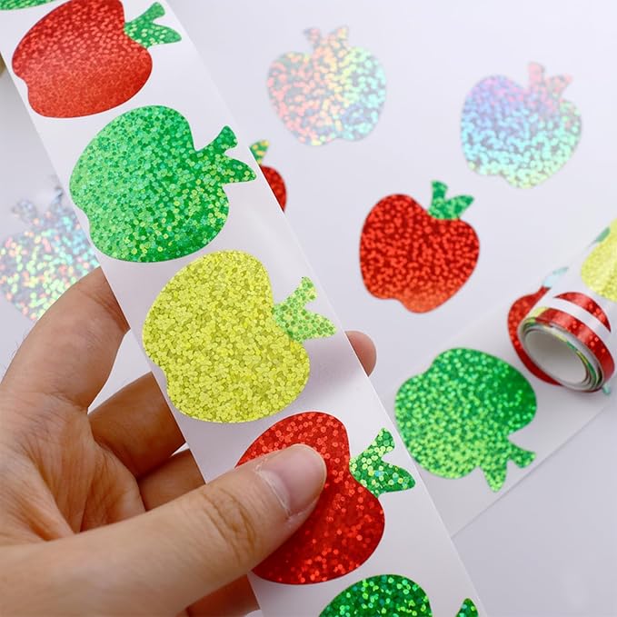 500Pcs Sparkly Laser Apple Decals for Teacher Rewards 1 roll Back to School Apple Stickers Roll for First Day of School Party Supplies Envelope Scrapbook Decor
