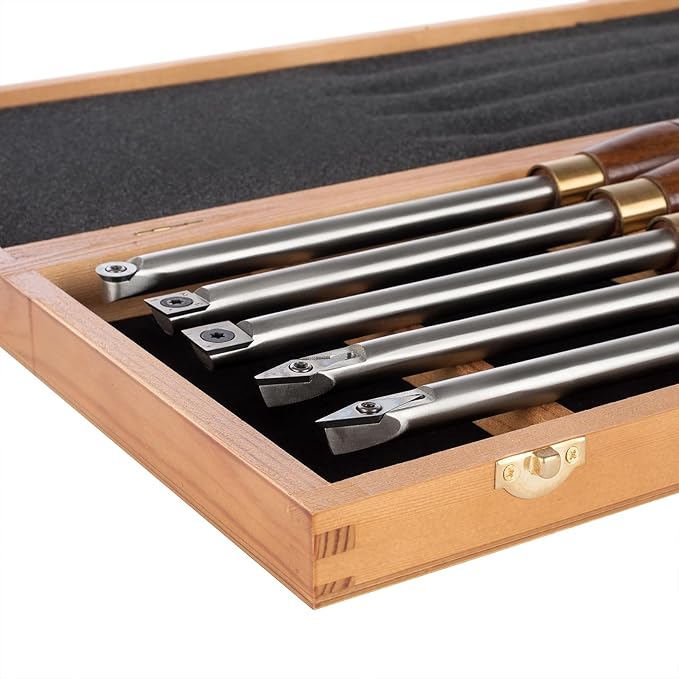 5-Pieces Carbide Tipped Woodturning Tools Lathe Chisel Set with Stainless Steel Blade, Wooden Box