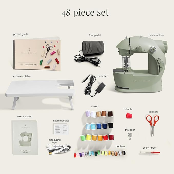 Hearth & Harbor Mini Sewing Machine for Beginners, Dual Speed Small Portable Sewing Machine for Kids and Adults with Extension Table, 48 Piece Gift Set Includes, Pedal, Projects Book and More, Green