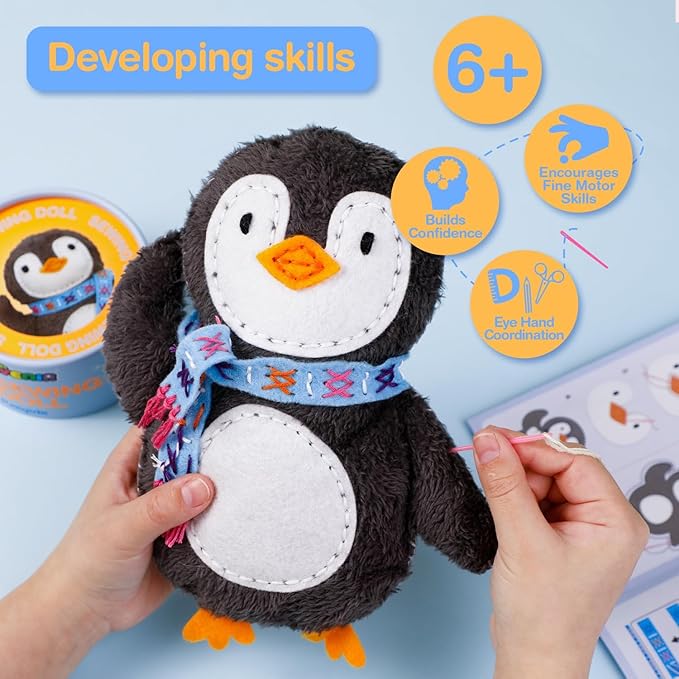 Avenir My First Sewing Kit for Beginner Ages 6+ I Premium Plush Big DIY Animals I Child-Safe Tools for Easy Crafting Fun I Motor Skills Wiggle Stuff Stitching Creativity I Skill Gift for Boys & Girls