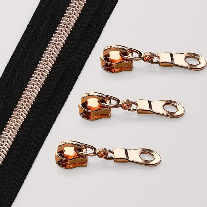 The Yards 10 Yards Bulk Black Nylon Coil Zipper with Rose Gold Teeth - Replacement Sewing Zipper with 10PCS Sliders for DIY Craft Bags