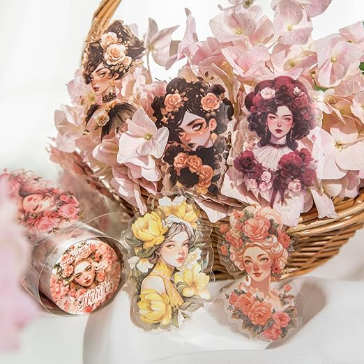 6 Pcs Flower Girl Scrapbook Tapes, Pre-Cut PET Tapes Aesthetic Stickers for Journaling, Scrapbook Supplies, and Ephemera, with Decorative Clip