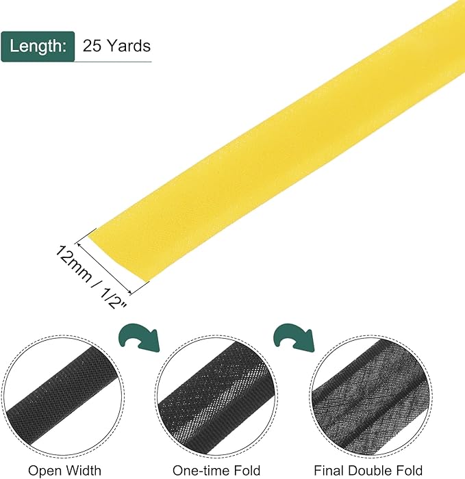 MECCANIXITY 1/2 Inch Double Fold Bias Tape Polyester Continuous Bulk Bias Tape for Sewing,Seaming Quilting Hemming Binding Crafts (Yellow 25 Yards)