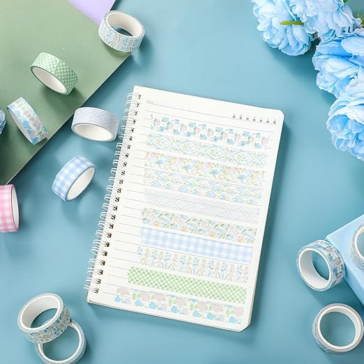 12 Rolls Watercolor Floral Washi Tape Set 15 mm Vintage Flower Decorative Masking Tape for Arts DIY Craft Scrapbook Envelope Party Supplies Gift Wrapping(Pink and Blue,Flowers)