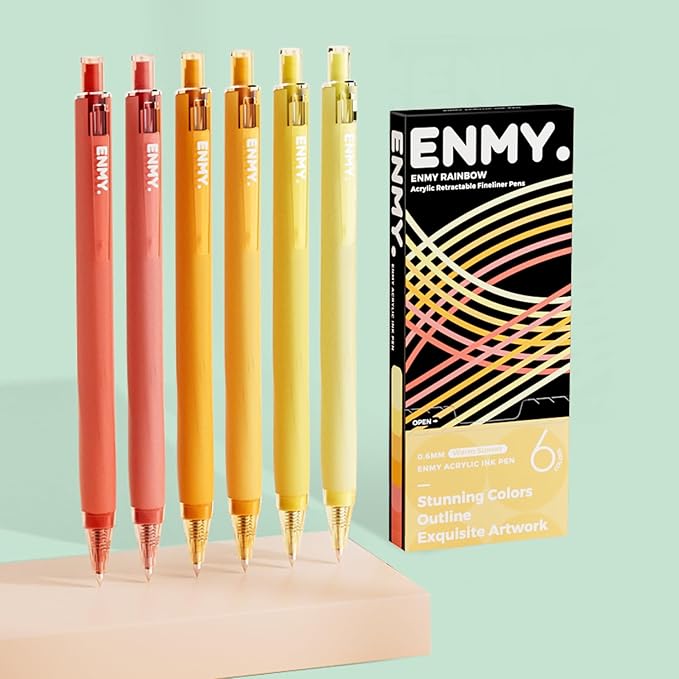 ENMY Acrylic Fineliner Pen, 6Pcs Aesthetic Colors 0.6mm Fine Point Retractable Markers, Colorful Drawing Pen for Journaling, Outlining, Sketch, Note-Taking, Smooth Art Pens for Adults & Kids