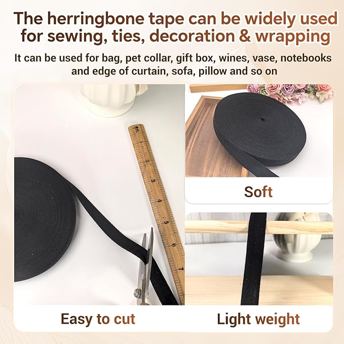 Black Herringbone Twill Tape 3/4 inch for Sewing,Ties,Gift Wrapping Home Deco -40 Yards Natural Cotton Webbing Straps-Bias Binding Tape for Handles, Crafting & DIY Projects