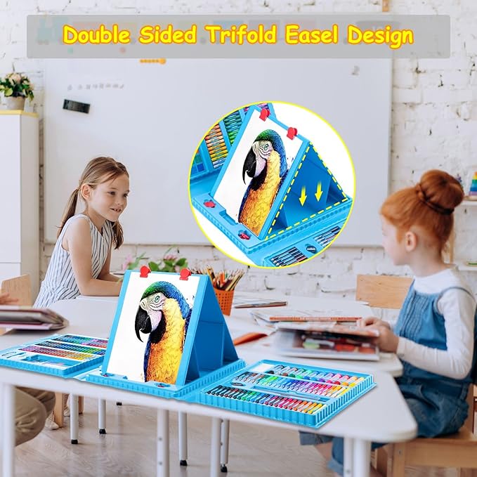 Art Supplies, 272 Pack Art Set Drawing Kit for Girls Boys Teens Artist, Deluxe Gift Art Box with Trifold Easel, Origami Paper, Coloring Book, Drawing Pad, Pastels, Crayons, Pencils, Watercolors(Blue)