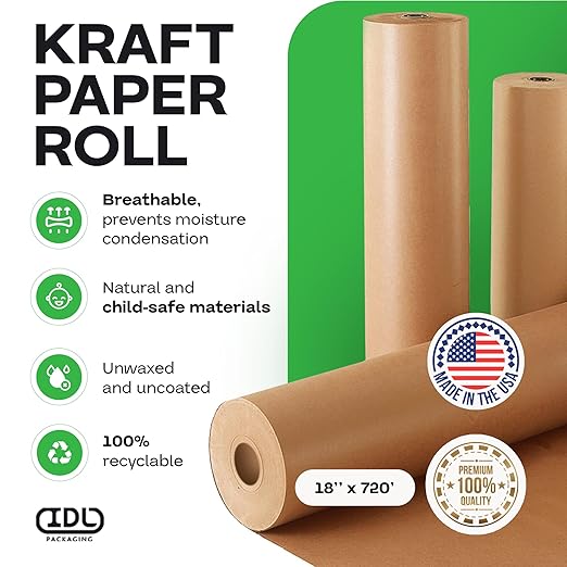 IDL Packaging 18" x 8640" (720 feet) - Brown Kraft Paper Roll for Heavy Duty - 50lb Thickness - USA-Made Paper for Packing, Moving, Shipping, Crafts - 100% Recyclable Natural Kraft Wrapping Paper