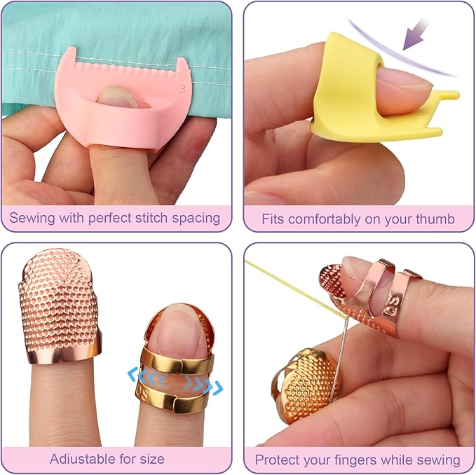 6Pcs Sewing Tool Kit-4Pcs Edge Stitch Lock & Sewing Gauge + 2Pcs Adjustable Thimble Finger Protector,Precision Measuring Tool & Needle Shield for Sewing, Quilting, DIY Crafts