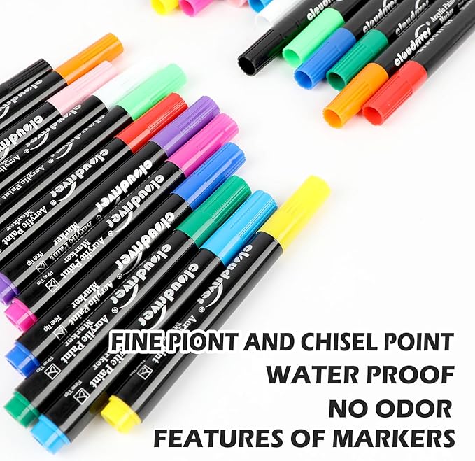 cloudriver Acrylic Paint Pens, Bulk Pack of 48, 12 Colors Water-based Ink Markers, Fine and Chisel Tip Acrylic Paint Markers For Canvas, Rock Painting, Wood, Glass, Metal, Ceramic, stone