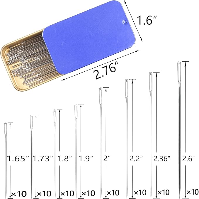 40/80PCS Large Eye Sewing Needles - 8 Sizes Hand Sewing Sharp, Embroidery, Leather, Stainless Steel Yarn With Threaders & Stitch Markers (Blue 80pcs)